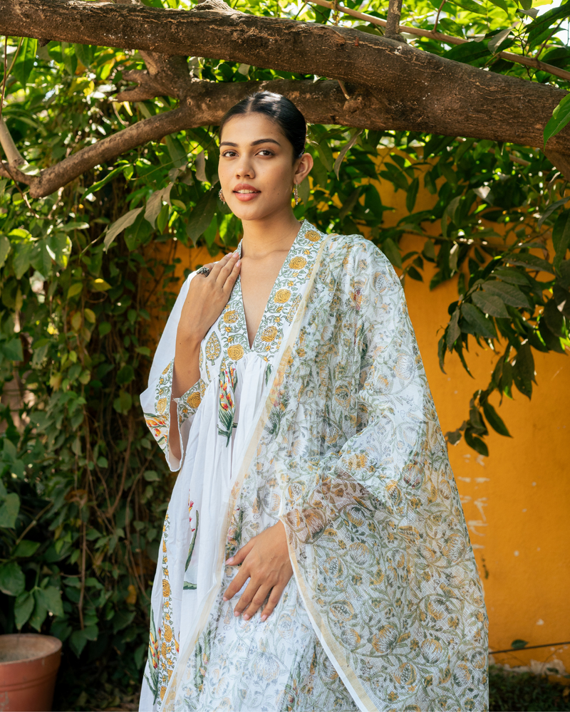Ivory and Yellow Hand Block Printed Suit Set mul Buy Ivory and Yellow Hand Block Printed Suit Set from C&W | Kurta/Kurta Sets for Women by Maison Shefali in multi color for women in Singapore