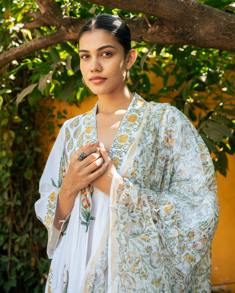 Ivory and Yellow Hand Block Printed Suit Set mul Buy Ivory and Yellow Hand Block Printed Suit Set from C&W | Kurta/Kurta Sets for Women by Maison Shefali in multi color for women in Singapore