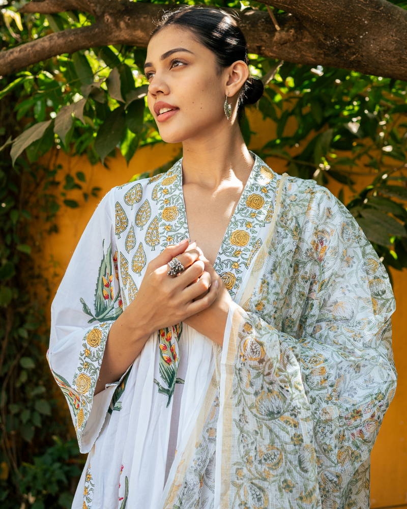 Ivory and Yellow Hand Block Printed Suit Set mul Buy Ivory and Yellow Hand Block Printed Suit Set from C&W | Kurta/Kurta Sets for Women by Maison Shefali in multi color for women in Singapore
