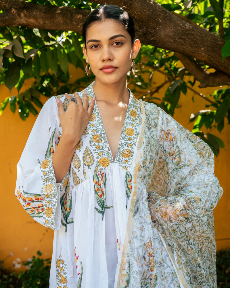 Ivory and Yellow Hand Block Printed Suit Set mul Buy Ivory and Yellow Hand Block Printed Suit Set from C&W | Kurta/Kurta Sets for Women by Maison Shefali in multi color for women in Singapore
