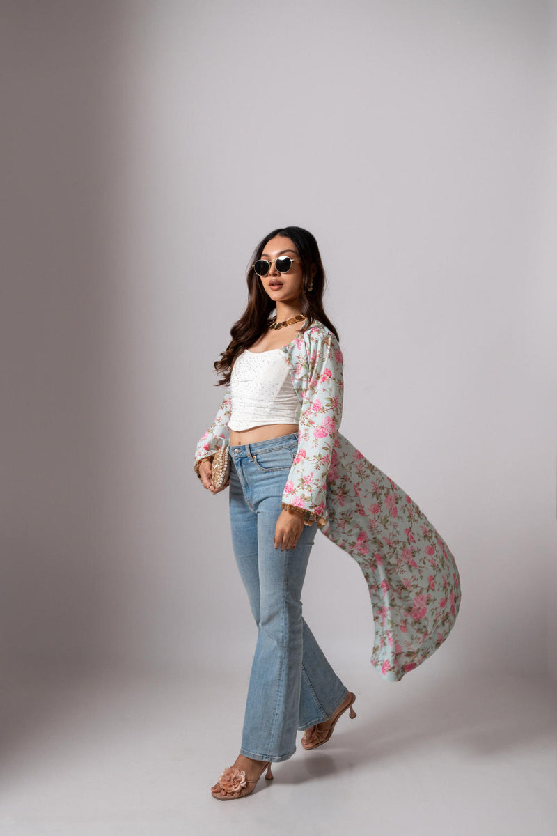 Linen digital print Aqua green summer jacket-agua green and pink linen Buy Linen digital print Aqua green summer jacket-agua green and pink from C&W | Jackets And Overlays for Women by Maison Shefali for women in Singapore
