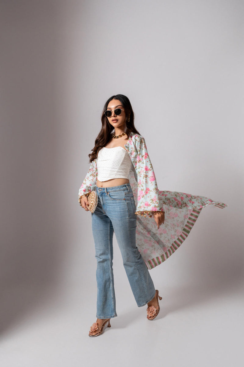 Linen digital print Aqua green summer jacket-agua green and pink linen Buy Linen digital print Aqua green summer jacket-agua green and pink from C&W | Jackets And Overlays for Women by Maison Shefali for women in Singapore