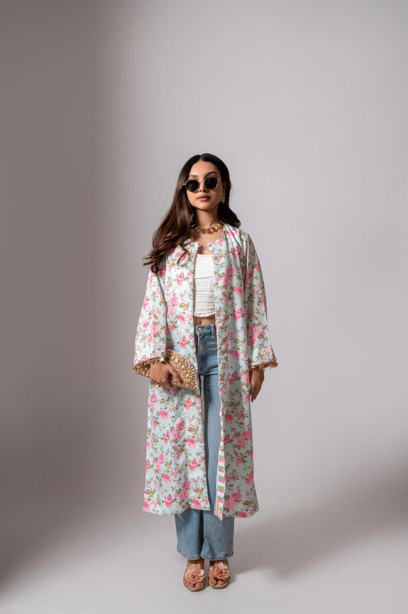 Linen digital print Aqua green summer jacket-agua green and pink linen Buy Linen digital print Aqua green summer jacket-agua green and pink from C&W | Jackets And Overlays for Women by Maison Shefali for women in Singapore