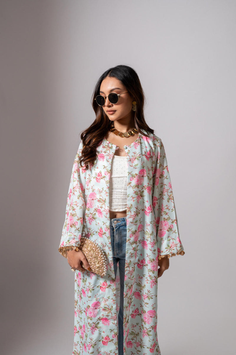 Linen digital print Aqua green summer jacket-agua green and pink linen Buy Linen digital print Aqua green summer jacket-agua green and pink from C&W | Jackets And Overlays for Women by Maison Shefali for women in Singapore