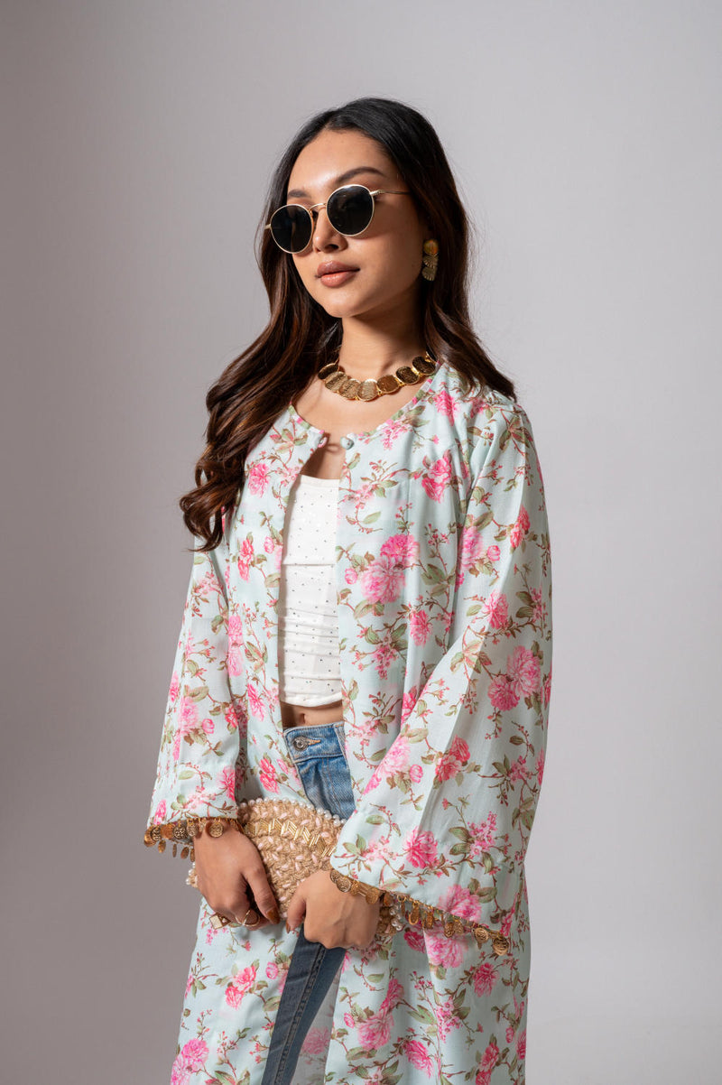 Linen digital print Aqua green summer jacket-agua green and pink linen Buy Linen digital print Aqua green summer jacket-agua green and pink from C&W | Jackets And Overlays for Women by Maison Shefali for women in Singapore