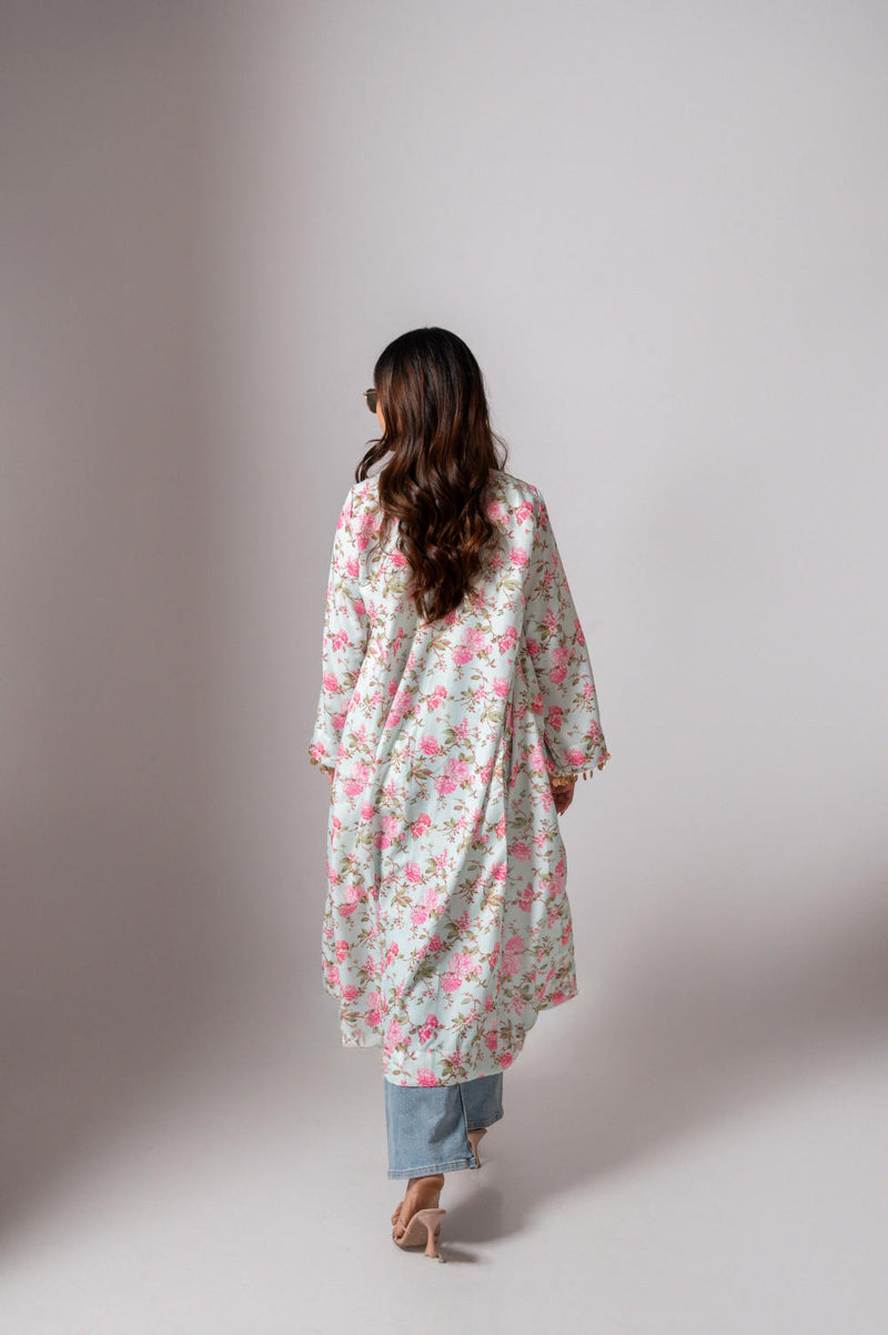 Linen digital print Aqua green summer jacket-agua green and pink linen Buy Linen digital print Aqua green summer jacket-agua green and pink from C&W | Jackets And Overlays for Women by Maison Shefali for women in Singapore