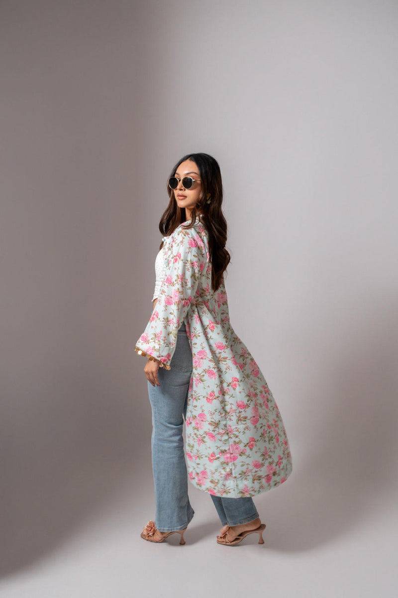 Linen digital print Aqua green summer jacket-agua green and pink linen Buy Linen digital print Aqua green summer jacket-agua green and pink from C&W | Jackets And Overlays for Women by Maison Shefali for women in Singapore