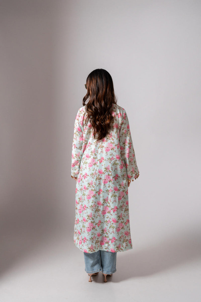 Linen digital print Aqua green summer jacket-agua green and pink linen Buy Linen digital print Aqua green summer jacket-agua green and pink from C&W | Jackets And Overlays for Women by Maison Shefali for women in Singapore