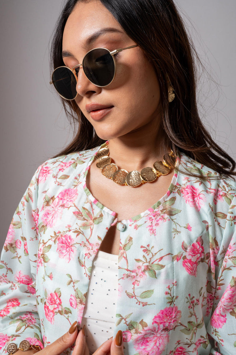 Linen digital print Aqua green summer jacket-agua green and pink linen Buy Linen digital print Aqua green summer jacket-agua green and pink from C&W | Jackets And Overlays for Women by Maison Shefali for women in Singapore