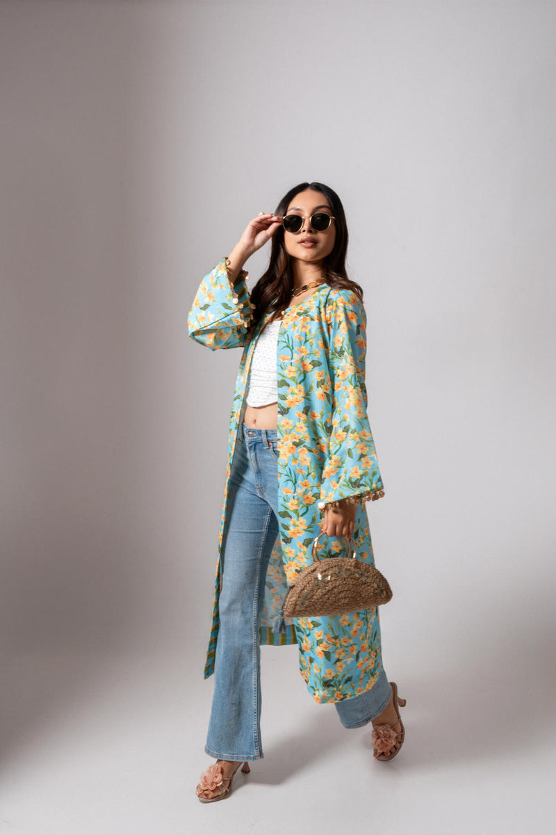 Linen digital print Aqua summer jacket-aqua and yellow linen Buy Linen digital print Aqua summer jacket-aqua and yellow from C&W | Jackets And Overlays for Women by Maison Shefali for women in Singapore