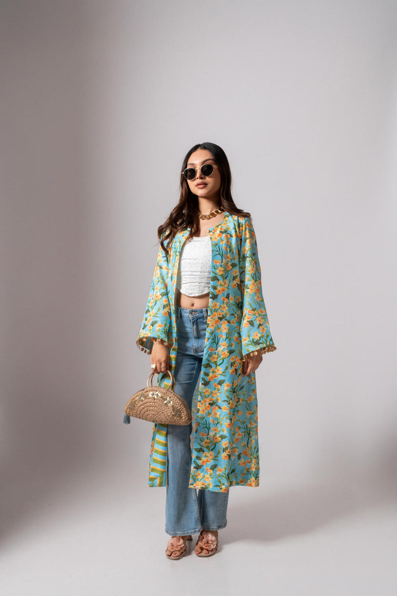 Linen digital print Aqua summer jacket-aqua and yellow linen Buy Linen digital print Aqua summer jacket-aqua and yellow from C&W | Jackets And Overlays for Women by Maison Shefali for women in Singapore