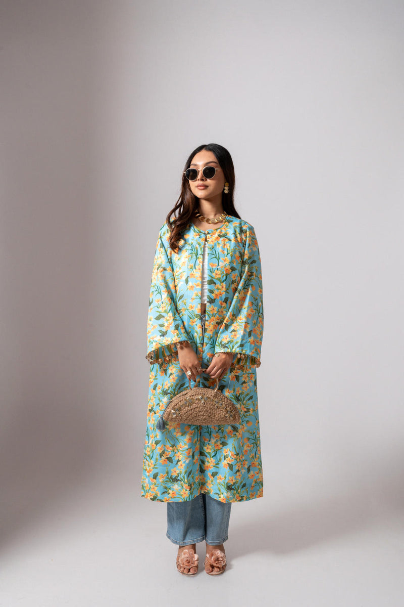 Linen digital print Aqua summer jacket-aqua and yellow linen Buy Linen digital print Aqua summer jacket-aqua and yellow from C&W | Jackets And Overlays for Women by Maison Shefali for women in Singapore