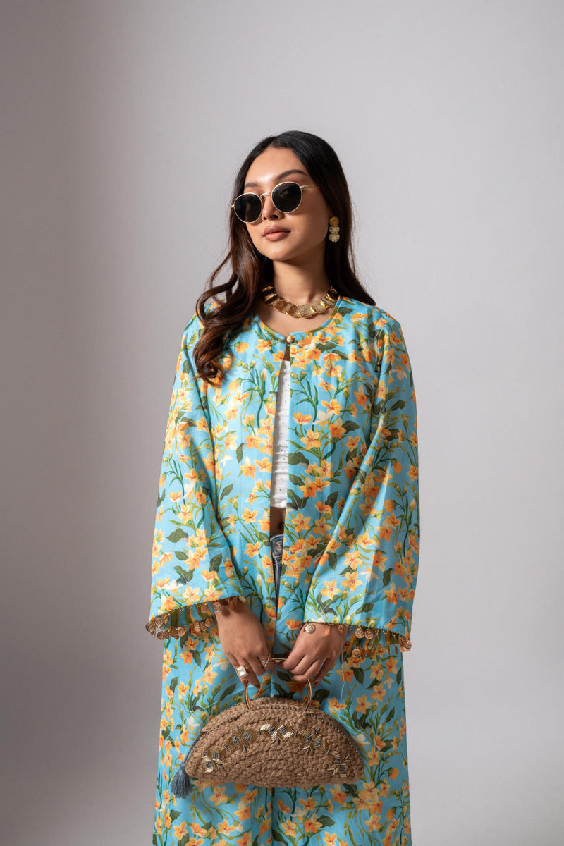 Linen digital print Aqua summer jacket-aqua and yellow linen Buy Linen digital print Aqua summer jacket-aqua and yellow from C&W | Jackets And Overlays for Women by Maison Shefali for women in Singapore