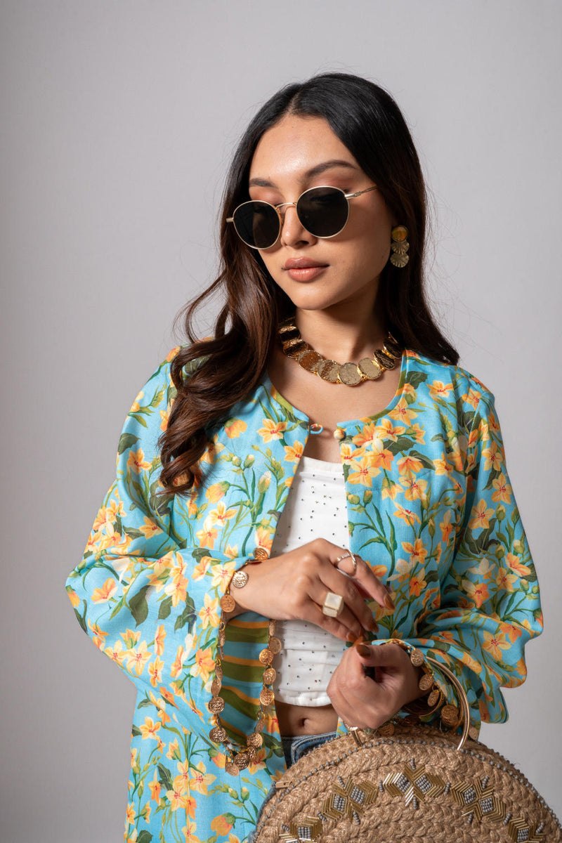 Linen digital print Aqua summer jacket-aqua and yellow linen Buy Linen digital print Aqua summer jacket-aqua and yellow from C&W | Jackets And Overlays for Women by Maison Shefali for women in Singapore