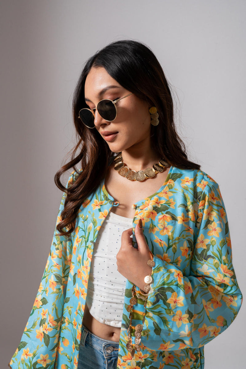 Linen digital print Aqua summer jacket-aqua and yellow linen Buy Linen digital print Aqua summer jacket-aqua and yellow from C&W | Jackets And Overlays for Women by Maison Shefali for women in Singapore