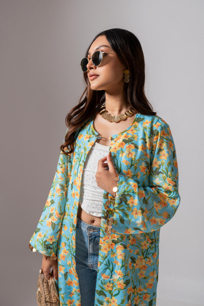 Linen digital print Aqua summer jacket-aqua and yellow linen Buy Linen digital print Aqua summer jacket-aqua and yellow from C&W | Jackets And Overlays for Women by Maison Shefali for women in Singapore
