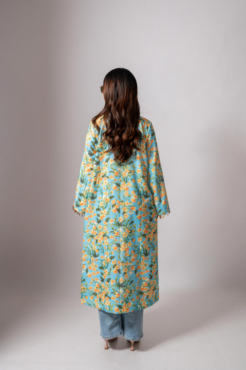 Linen digital print Aqua summer jacket-aqua and yellow linen Buy Linen digital print Aqua summer jacket-aqua and yellow from C&W | Jackets And Overlays for Women by Maison Shefali for women in Singapore