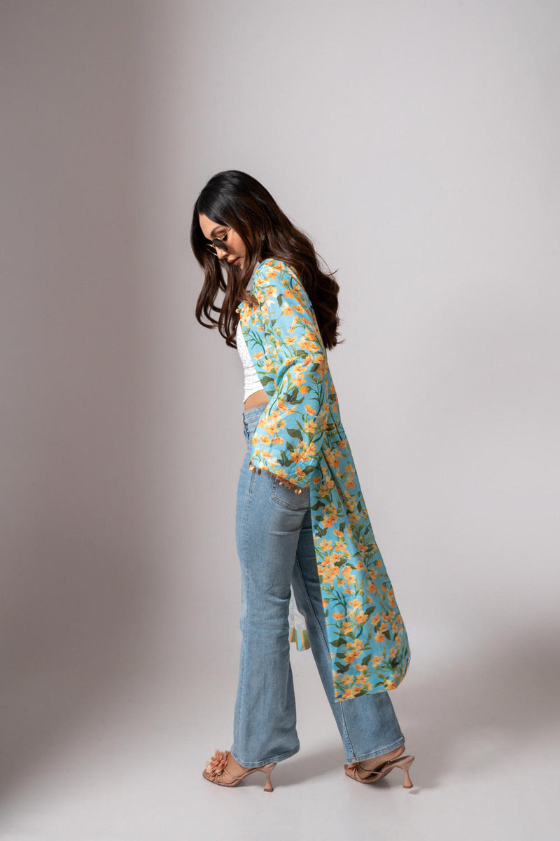 Linen digital print Aqua summer jacket-aqua and yellow linen Buy Linen digital print Aqua summer jacket-aqua and yellow from C&W | Jackets And Overlays for Women by Maison Shefali for women in Singapore
