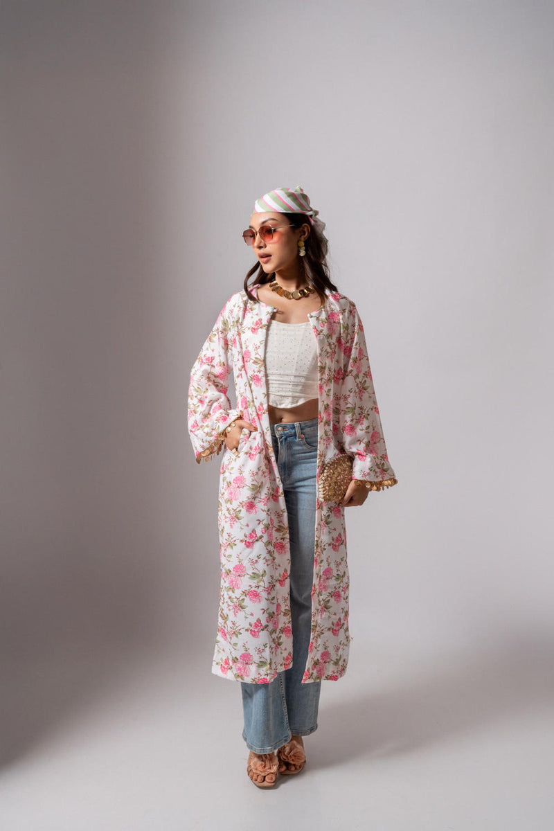Linen digital print white summer jacket-white and pink linen Buy Linen digital print white summer jacket-white and pink from C&W | Jackets And Overlays for Women by Maison Shefali for women in Singapore