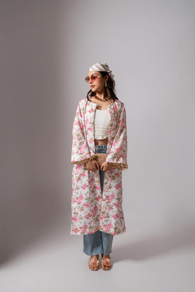 Linen digital print white summer jacket-white and pink linen Buy Linen digital print white summer jacket-white and pink from C&W | Jackets And Overlays for Women by Maison Shefali for women in Singapore