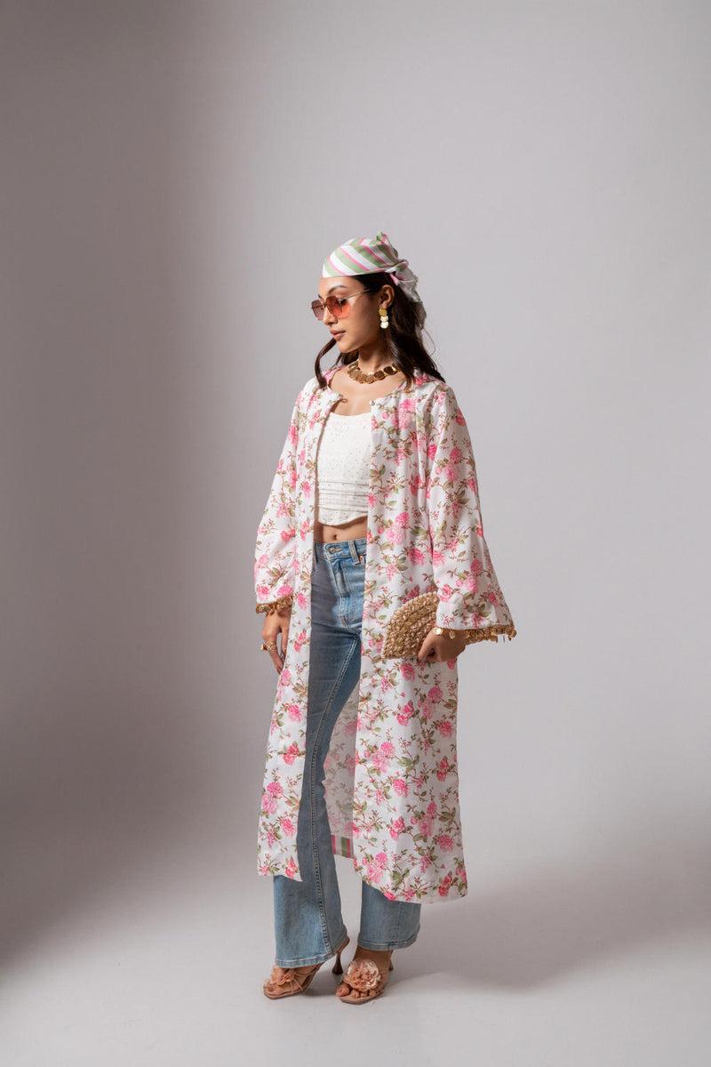 Linen digital print white summer jacket-white and pink linen Buy Linen digital print white summer jacket-white and pink from C&W | Jackets And Overlays for Women by Maison Shefali for women in Singapore