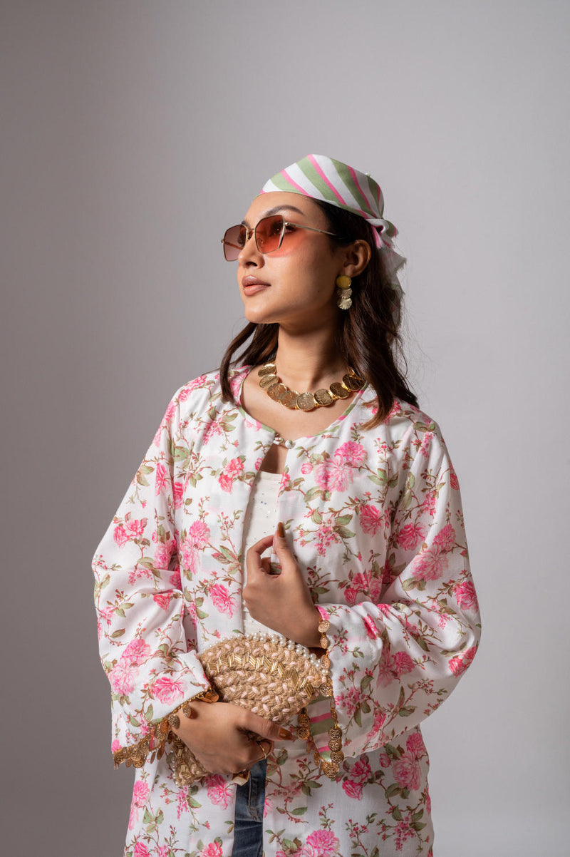 Linen digital print white summer jacket-white and pink linen Buy Linen digital print white summer jacket-white and pink from C&W | Jackets And Overlays for Women by Maison Shefali for women in Singapore