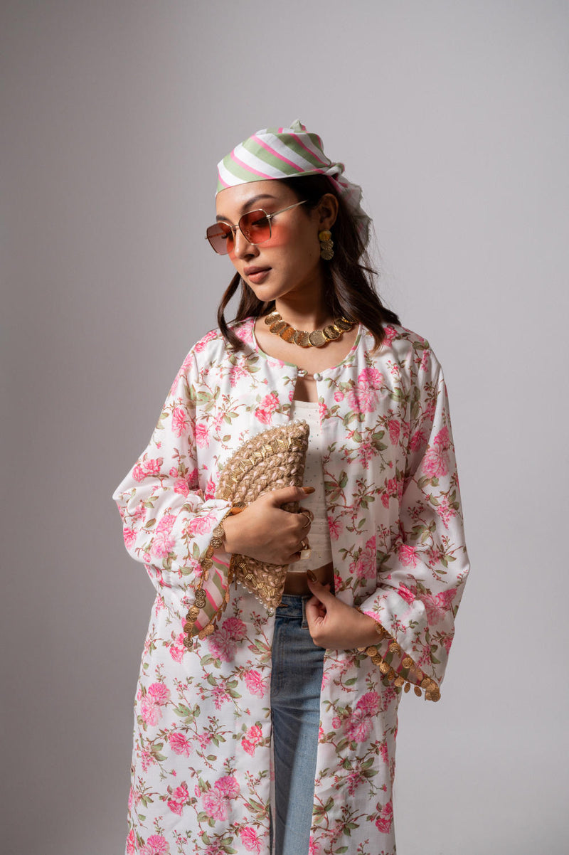 Linen digital print white summer jacket-white and pink linen Buy Linen digital print white summer jacket-white and pink from C&W | Jackets And Overlays for Women by Maison Shefali for women in Singapore
