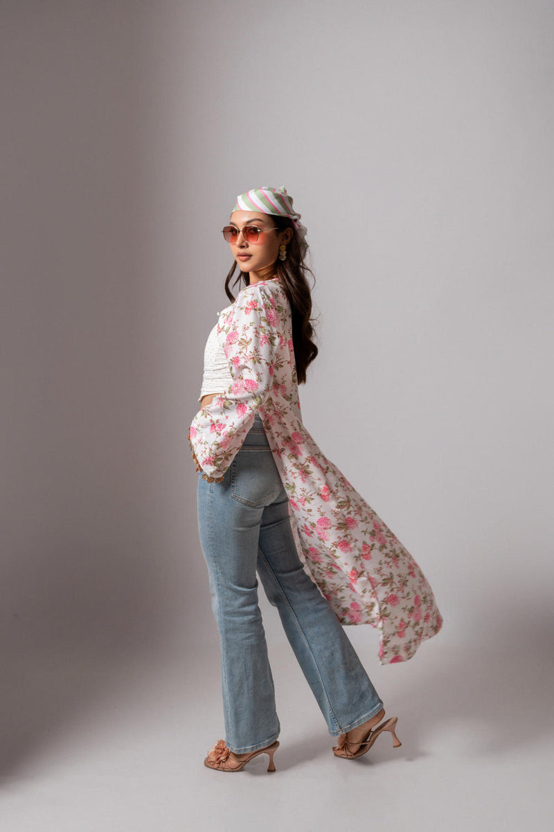Linen digital print white summer jacket-white and pink linen Buy Linen digital print white summer jacket-white and pink from C&W | Jackets And Overlays for Women by Maison Shefali for women in Singapore