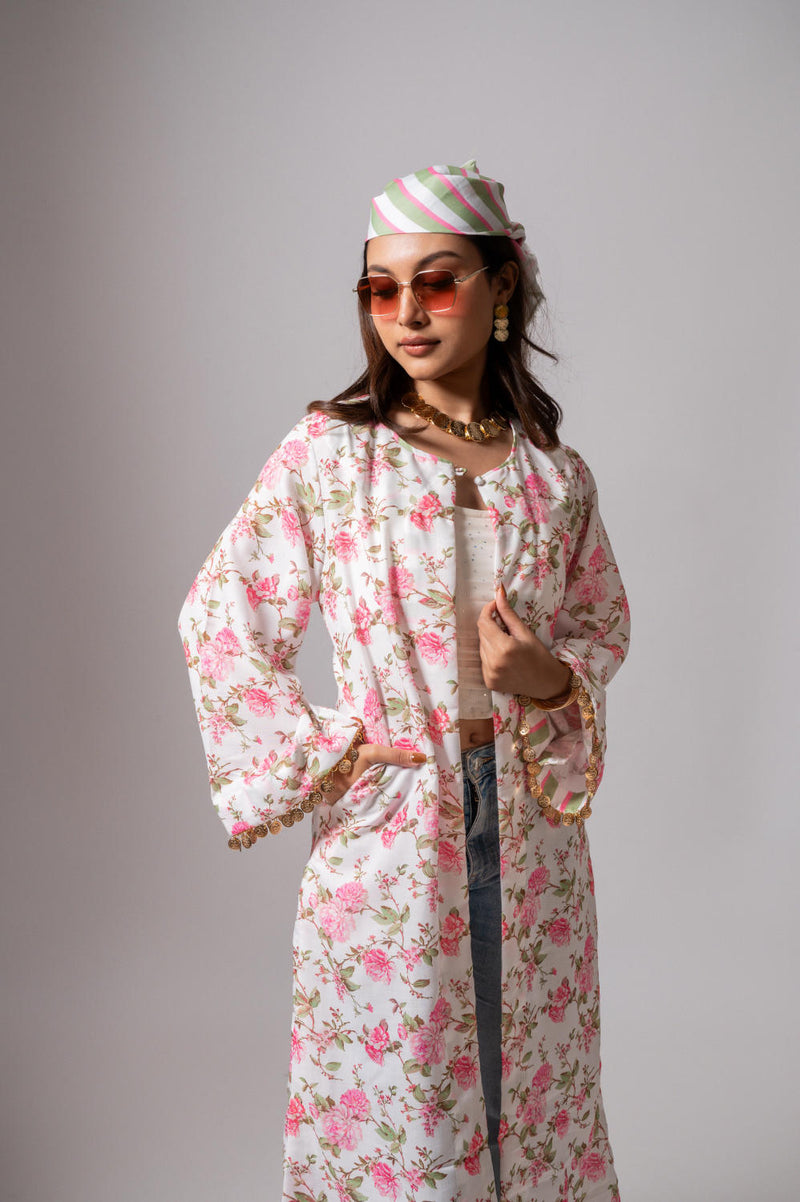Linen digital print white summer jacket-white and pink linen Buy Linen digital print white summer jacket-white and pink from C&W | Jackets And Overlays for Women by Maison Shefali for women in Singapore