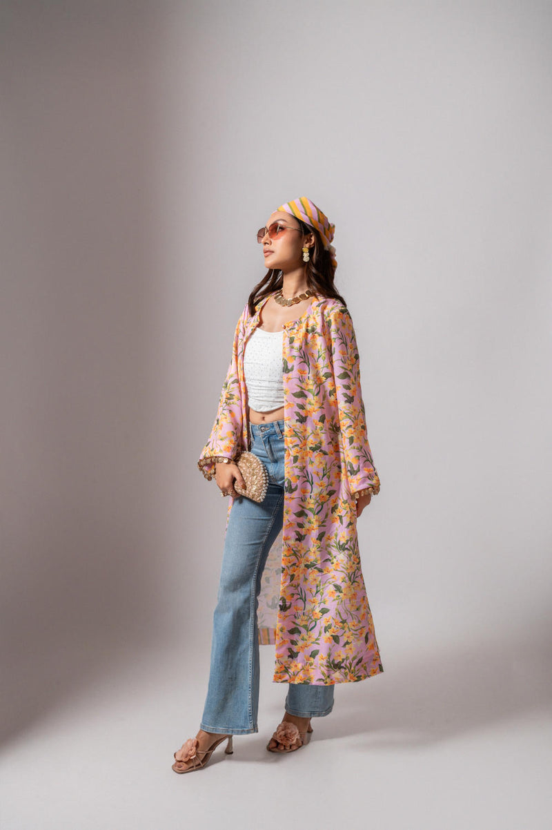 Linen digital print blush summer jacket-blush and yellow linen Buy Linen digital print blush summer jacket-blush and yellow from C&W | Jackets And Overlays for Women by Maison Shefali for women in Singapore