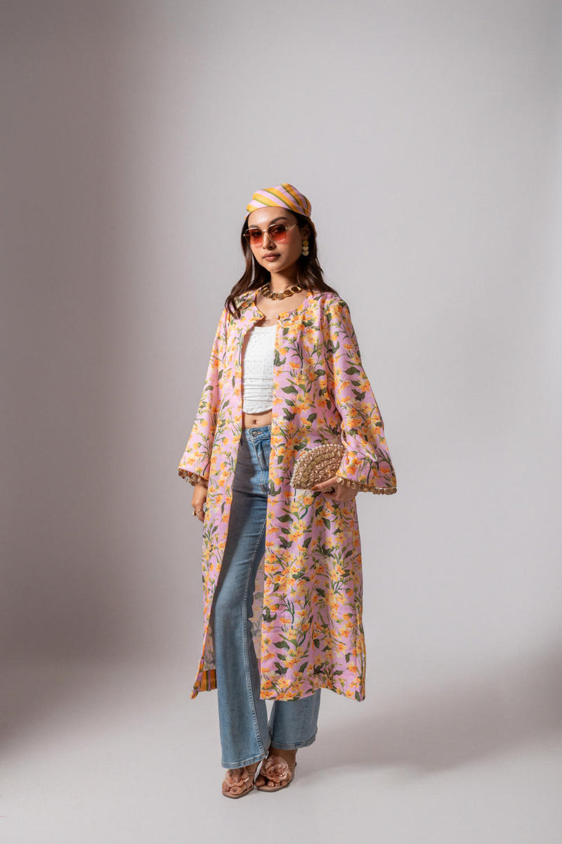 Linen digital print blush summer jacket-blush and yellow linen Buy Linen digital print blush summer jacket-blush and yellow from C&W | Jackets And Overlays for Women by Maison Shefali for women in Singapore