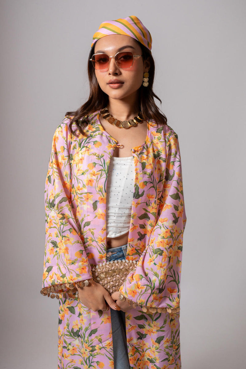 Linen digital print blush summer jacket-blush and yellow linen Buy Linen digital print blush summer jacket-blush and yellow from C&W | Jackets And Overlays for Women by Maison Shefali for women in Singapore
