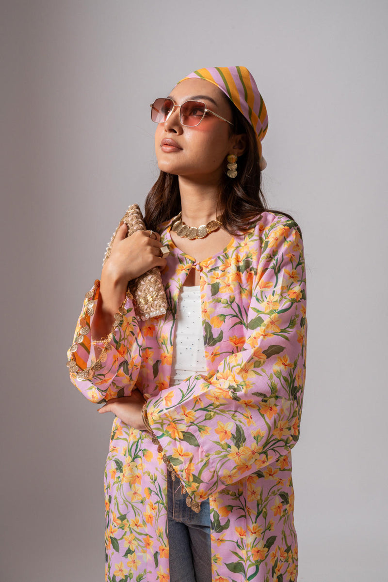 Linen digital print blush summer jacket-blush and yellow linen Buy Linen digital print blush summer jacket-blush and yellow from C&W | Jackets And Overlays for Women by Maison Shefali for women in Singapore