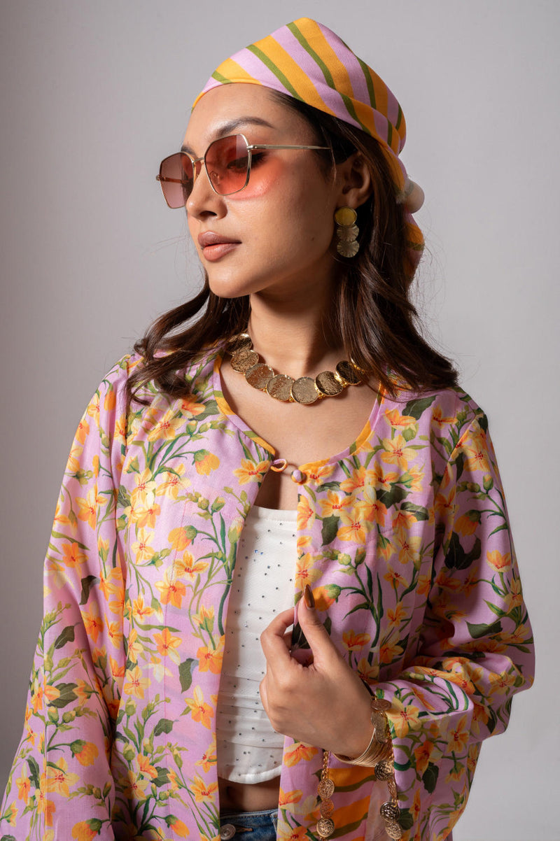 Linen digital print blush summer jacket-blush and yellow linen Buy Linen digital print blush summer jacket-blush and yellow from C&W | Jackets And Overlays for Women by Maison Shefali for women in Singapore
