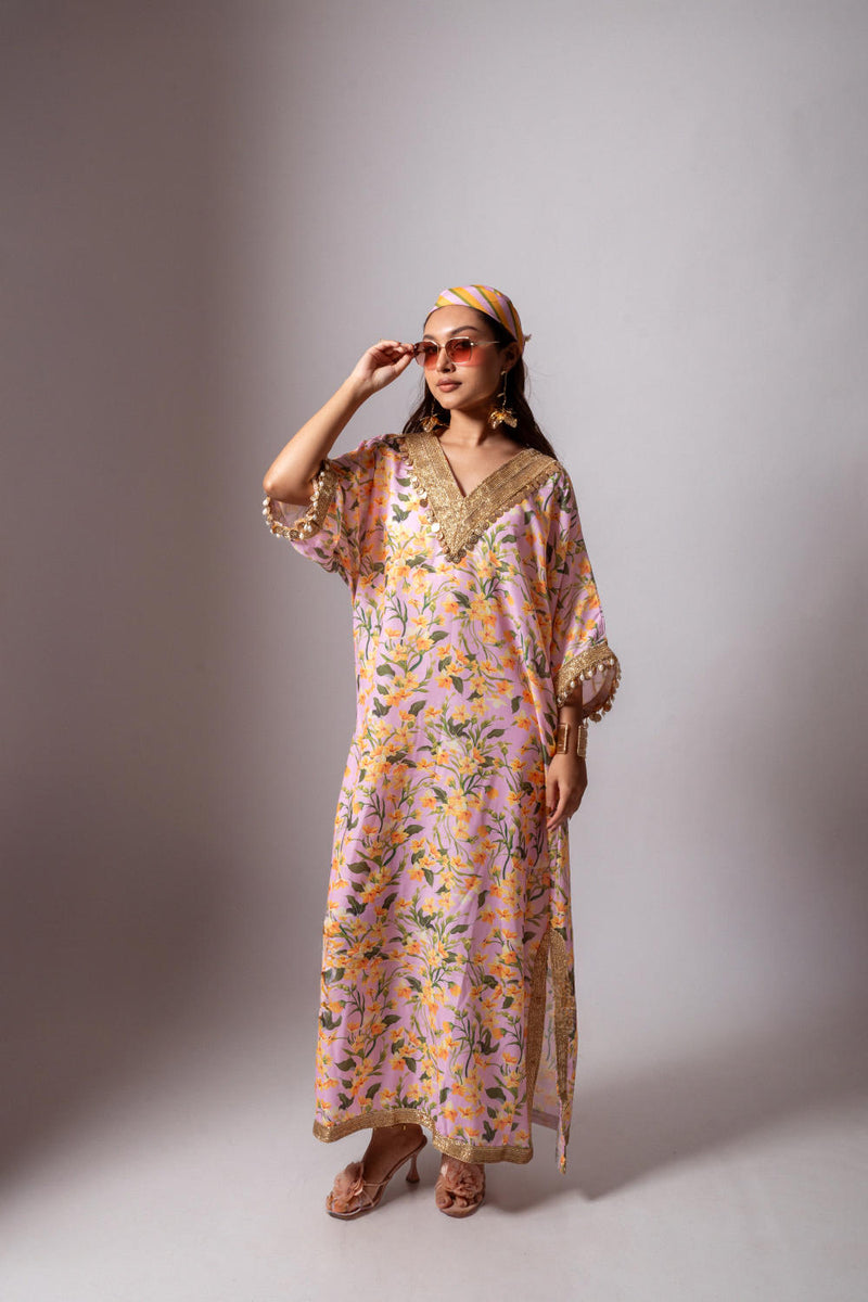 Linen digital print blush kaftan dress-Blush and Yellow linen Buy Linen digital print blush kaftan dress-Blush and Yellow from C&W | Tunics And Kaftan for Women by Maison Shefali for women in Singapore