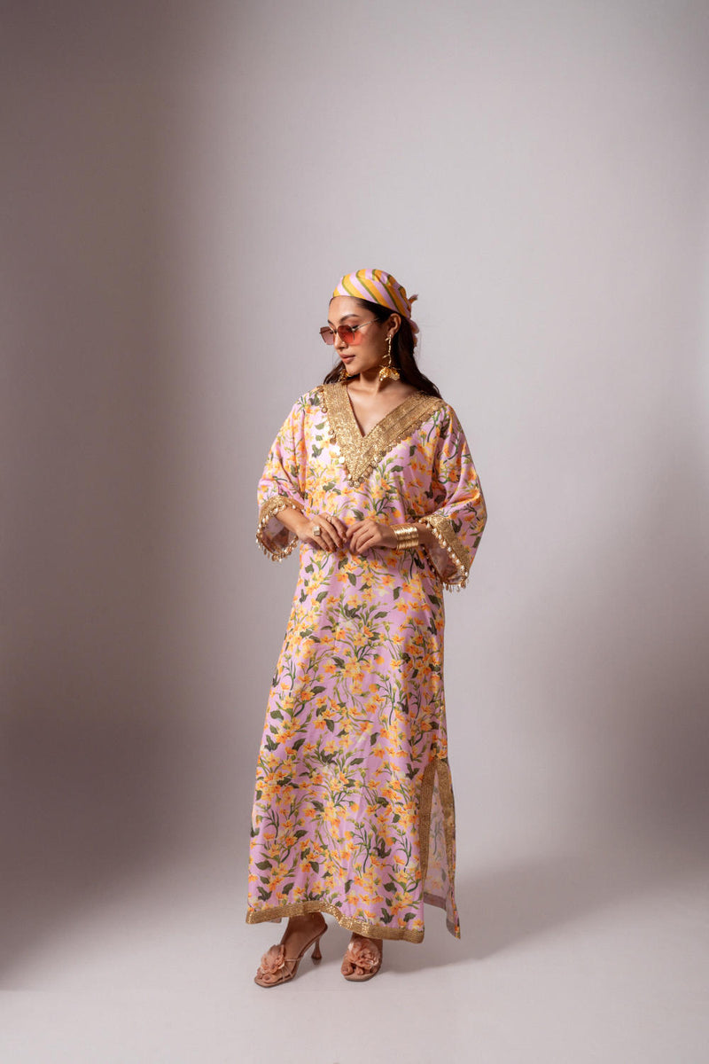 Linen digital print blush kaftan dress-Blush and Yellow linen Buy Linen digital print blush kaftan dress-Blush and Yellow from C&W | Tunics And Kaftan for Women by Maison Shefali for women in Singapore