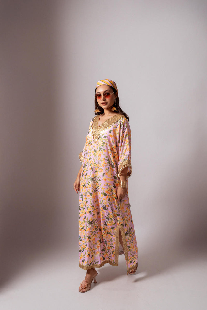 Linen digital print blush kaftan dress-Blush and Yellow linen Buy Linen digital print blush kaftan dress-Blush and Yellow from C&W | Tunics And Kaftan for Women by Maison Shefali for women in Singapore