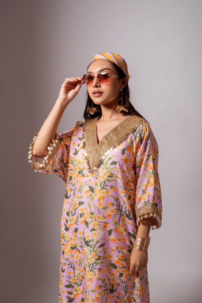 Linen digital print blush kaftan dress-Blush and Yellow linen Buy Linen digital print blush kaftan dress-Blush and Yellow from C&W | Tunics And Kaftan for Women by Maison Shefali for women in Singapore
