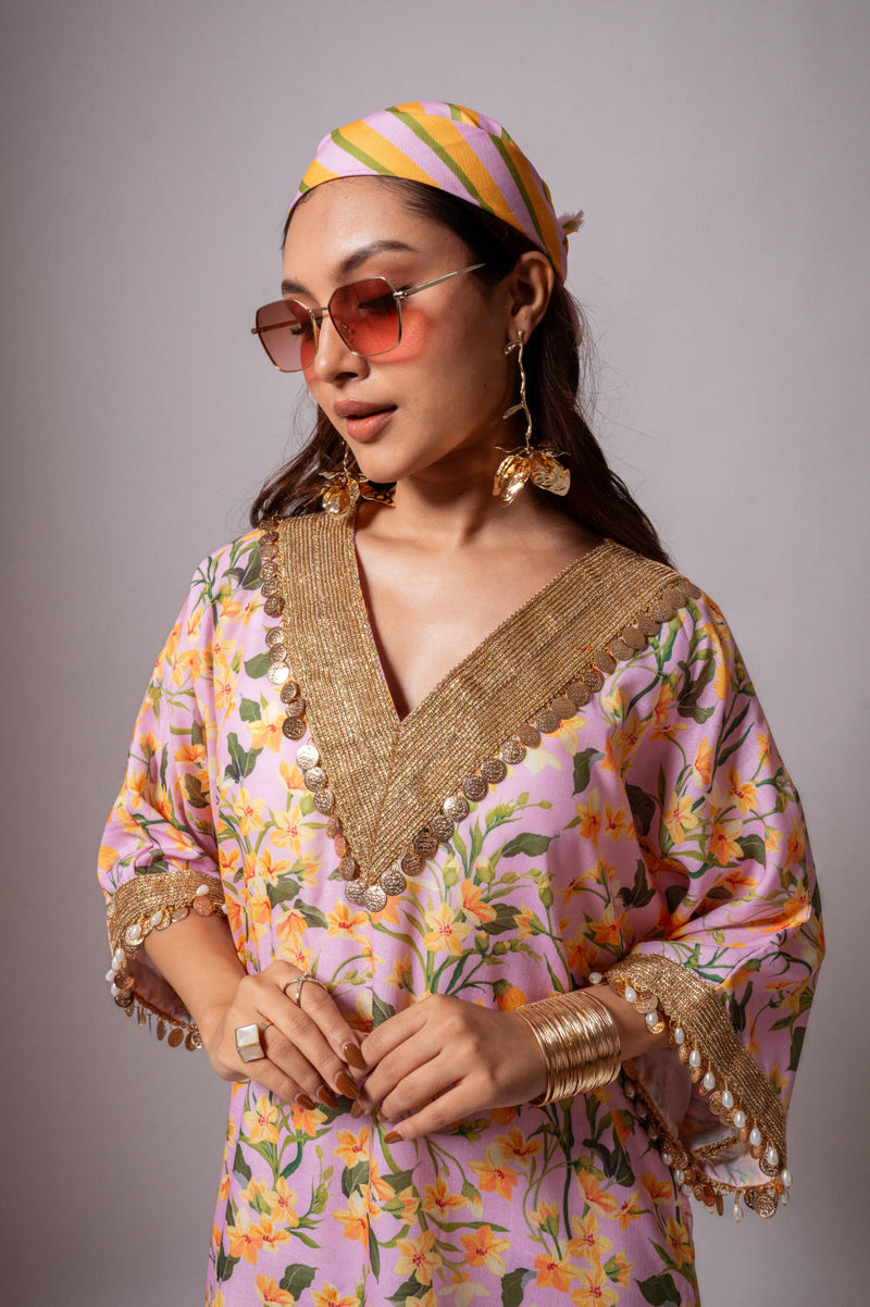 Linen digital print blush kaftan dress-Blush and Yellow linen Buy Linen digital print blush kaftan dress-Blush and Yellow from C&W | Tunics And Kaftan for Women by Maison Shefali for women in Singapore