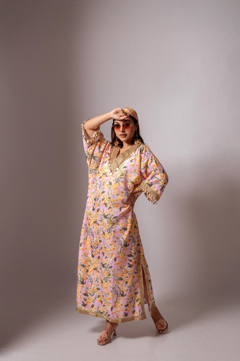 Linen digital print blush kaftan dress-Blush and Yellow linen Buy Linen digital print blush kaftan dress-Blush and Yellow from C&W | Tunics And Kaftan for Women by Maison Shefali for women in Singapore