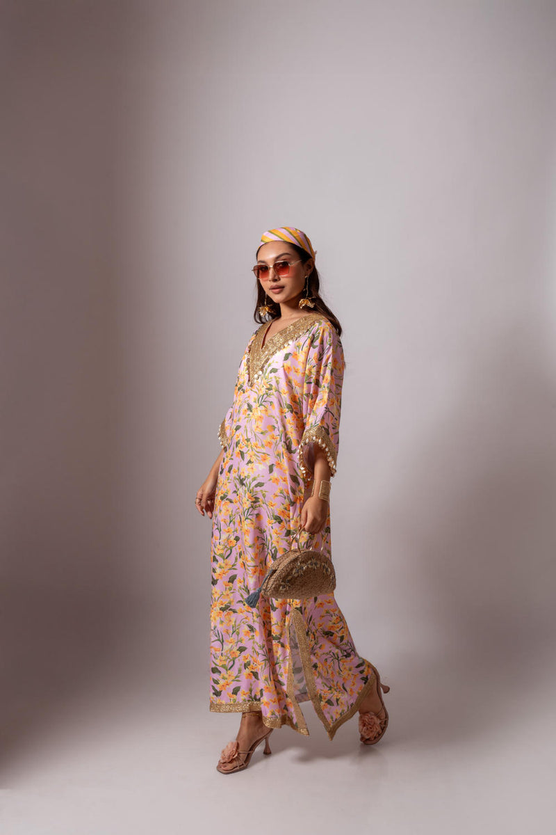 Linen digital print blush kaftan dress-Blush and Yellow linen Buy Linen digital print blush kaftan dress-Blush and Yellow from C&W | Tunics And Kaftan for Women by Maison Shefali for women in Singapore