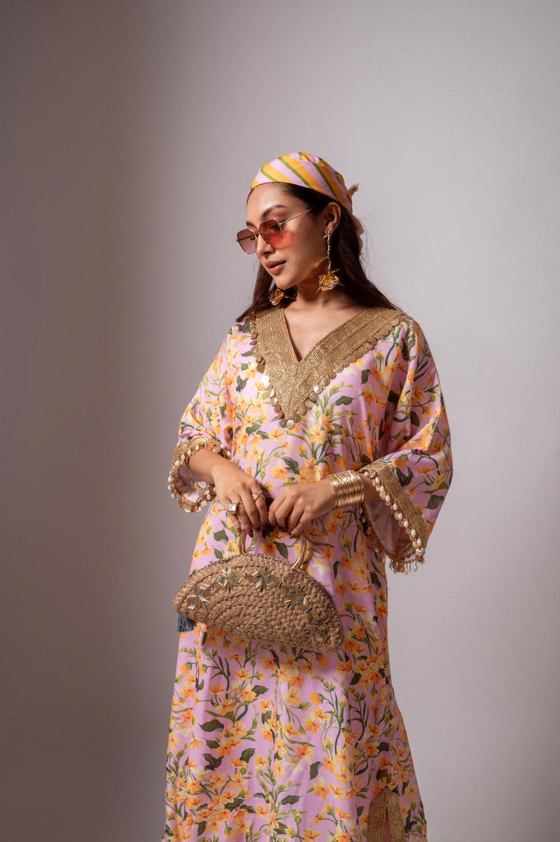 Linen digital print blush kaftan dress-Blush and Yellow linen Buy Linen digital print blush kaftan dress-Blush and Yellow from C&W | Tunics And Kaftan for Women by Maison Shefali for women in Singapore