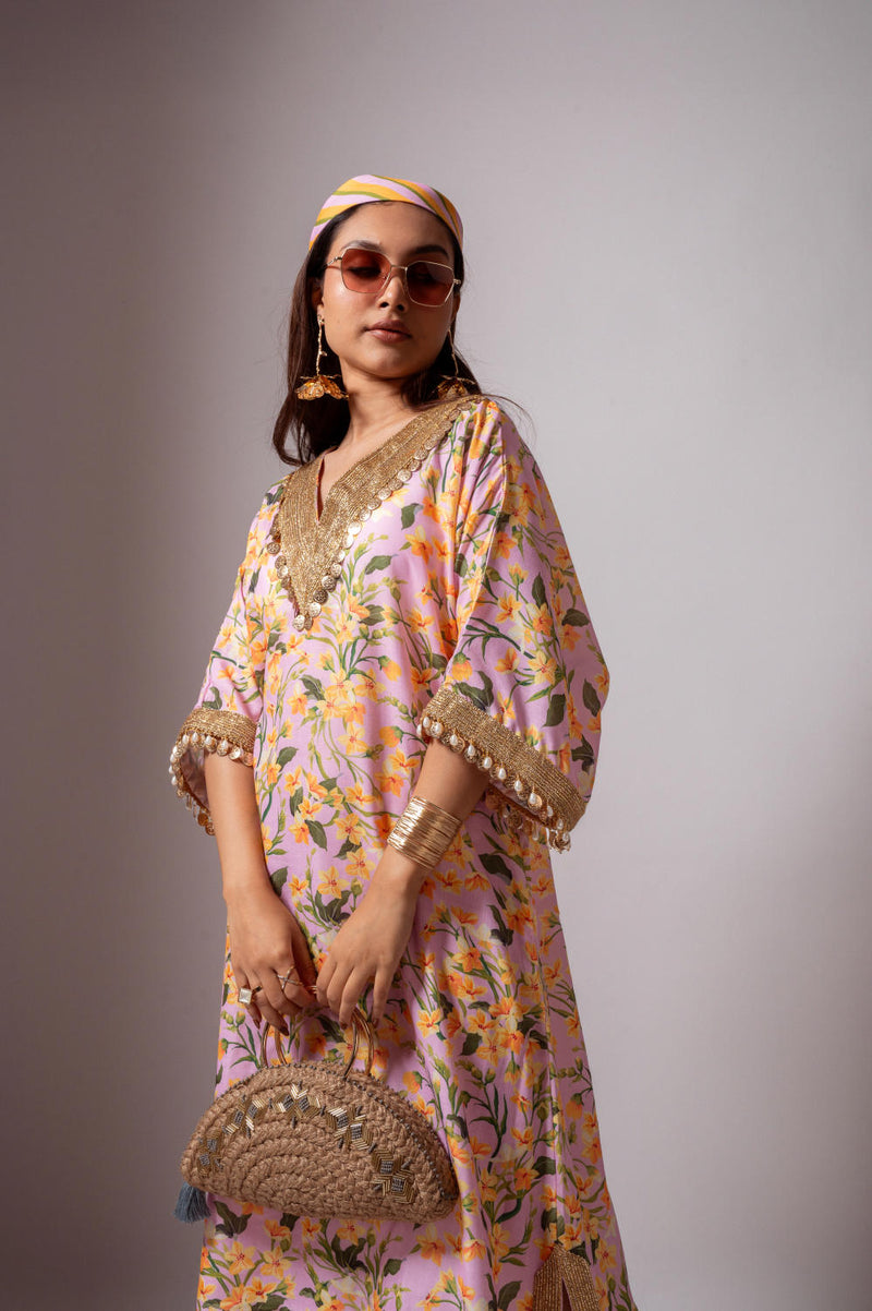 Linen digital print blush kaftan dress-Blush and Yellow linen Buy Linen digital print blush kaftan dress-Blush and Yellow from C&W | Tunics And Kaftan for Women by Maison Shefali for women in Singapore