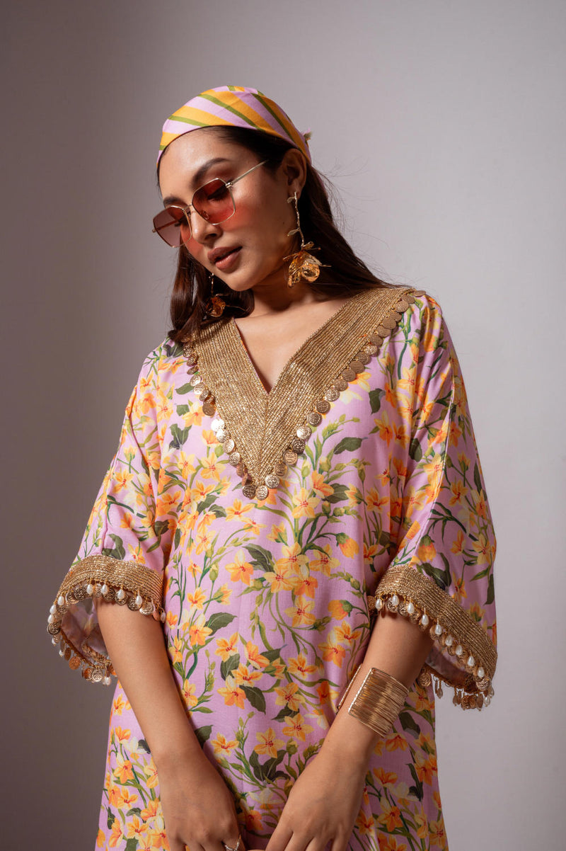 Linen digital print blush kaftan dress-Blush and Yellow linen Buy Linen digital print blush kaftan dress-Blush and Yellow from C&W | Tunics And Kaftan for Women by Maison Shefali for women in Singapore