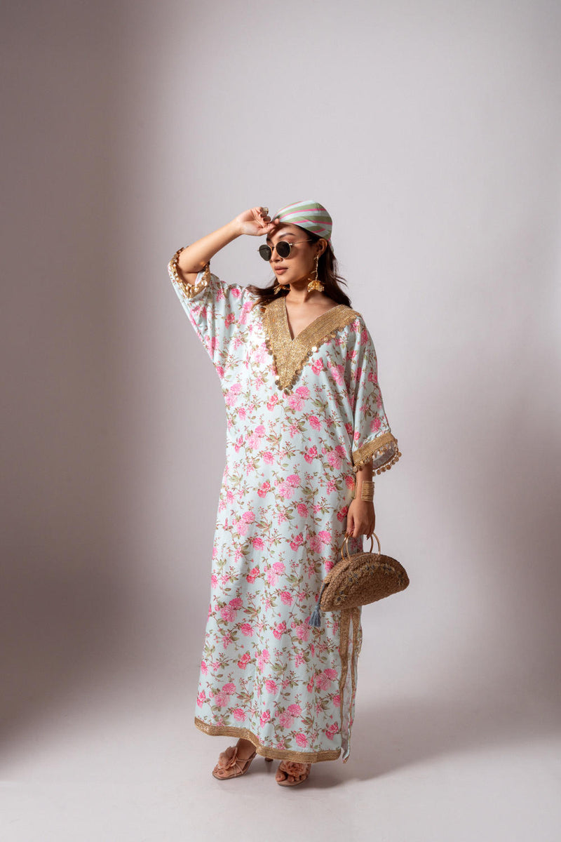 Linen digital print aqua green kaftan dress-Aqua green and Pink linen Buy Linen digital print aqua green kaftan dress-Aqua green and Pink from C&W | Tunics And Kaftan for Women by Maison Shefali for women in Singapore