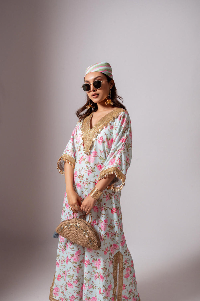 Linen digital print aqua green kaftan dress-Aqua green and Pink linen Buy Linen digital print aqua green kaftan dress-Aqua green and Pink from C&W | Tunics And Kaftan for Women by Maison Shefali for women in Singapore