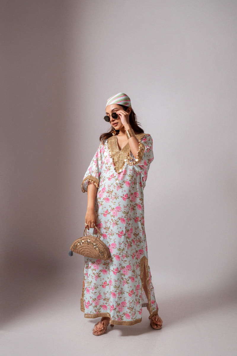 Linen digital print aqua green kaftan dress-Aqua green and Pink linen Buy Linen digital print aqua green kaftan dress-Aqua green and Pink from C&W | Tunics And Kaftan for Women by Maison Shefali for women in Singapore