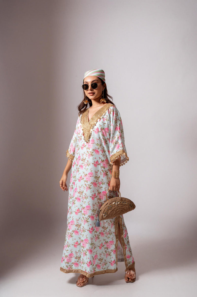 Linen digital print aqua green kaftan dress-Aqua green and Pink linen Buy Linen digital print aqua green kaftan dress-Aqua green and Pink from C&W | Tunics And Kaftan for Women by Maison Shefali for women in Singapore