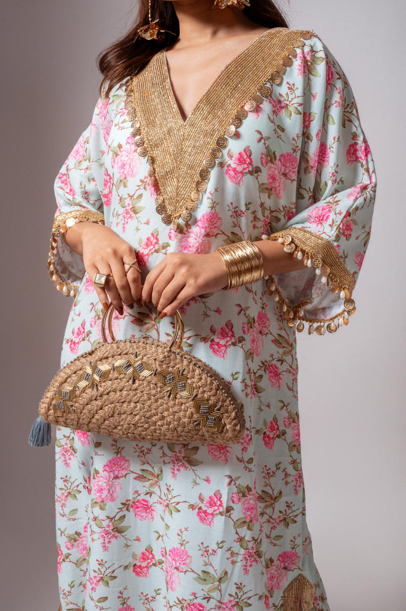 Linen digital print aqua green kaftan dress-Aqua green and Pink linen Buy Linen digital print aqua green kaftan dress-Aqua green and Pink from C&W | Tunics And Kaftan for Women by Maison Shefali for women in Singapore