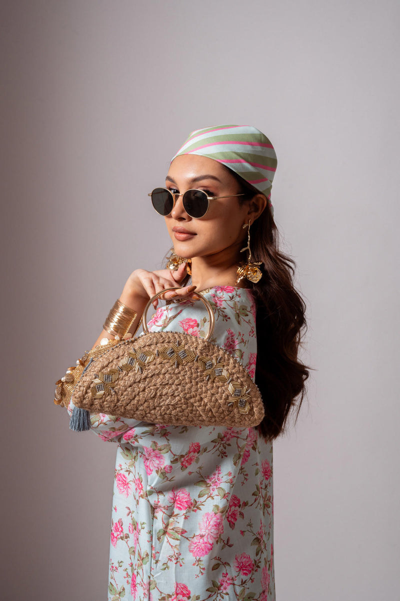 Linen digital print aqua green kaftan dress-Aqua green and Pink linen Buy Linen digital print aqua green kaftan dress-Aqua green and Pink from C&W | Tunics And Kaftan for Women by Maison Shefali for women in Singapore